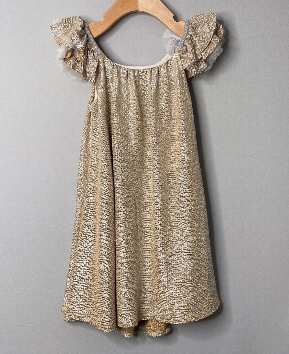 Luna Luna Gold Metallic Tulle Sleeve Special Occasion Party Dress Girls 5 Yrs